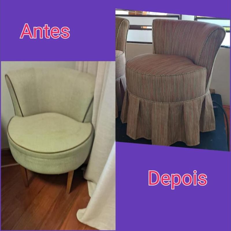 Antes e depois de poltrona reformada com saia
